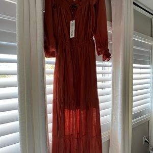 Mink Pink Greta cold shoulder dress L 12 Tobacco